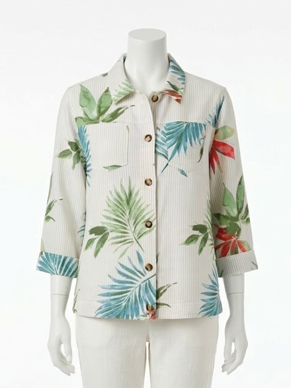 Chicos NWT Tropical Palm Leaf Striped Button Down Top Size 4
